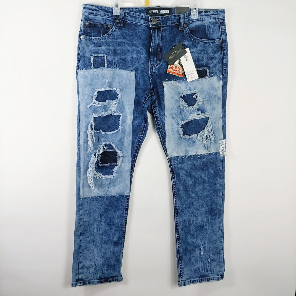 Rebel Minds Mens Destressed Dark Wash Skinny jeans